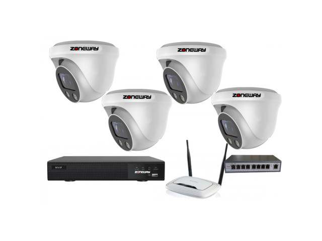 5MPx H265 kamerový IP POE set ZONEWAY - 4x dome kamera NC960, NVR 2104, router, POE switch 4 + 1