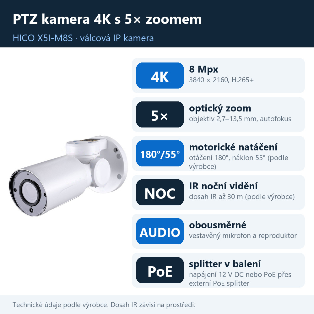 Přehled vlastností venkovní otočné IP kamery HICO X5I-M8S: 4K, zoom 5×, natáčení, noční vidění, audio a PoE splitter v balení