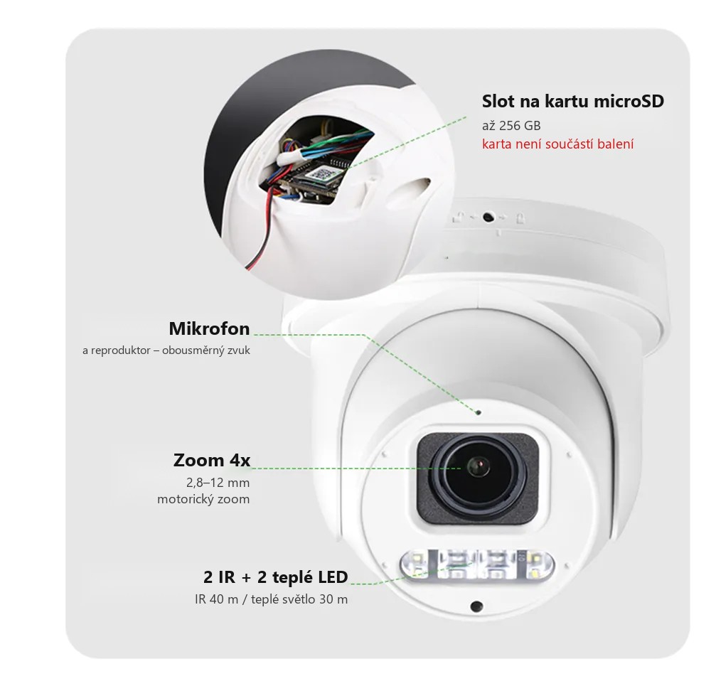 Popis výbavy kamery HICO X4D-M6S: microSD, mikrofon, zoom 4x, IR a teplé LED Popis výbavy kamery HICO X4D-M6S: microSD, mikrofon, zoom 4x, IR a teplé LED