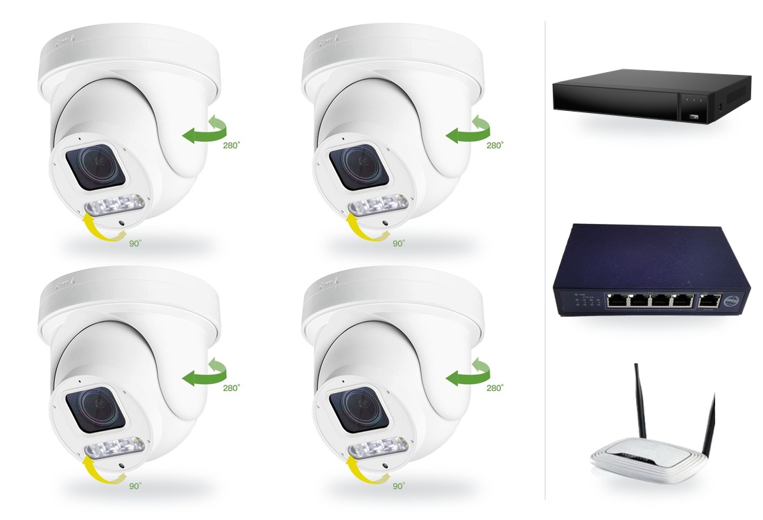 Kamerový set 4x mini PTZ HICO X4D-M6S s rekordérem NVR3016, PoE switchem a routerem Kamerový set 4x mini PTZ HICO X4D-M6S s rekordérem NVR3016, PoE switchem a routerem – ilustrační foto